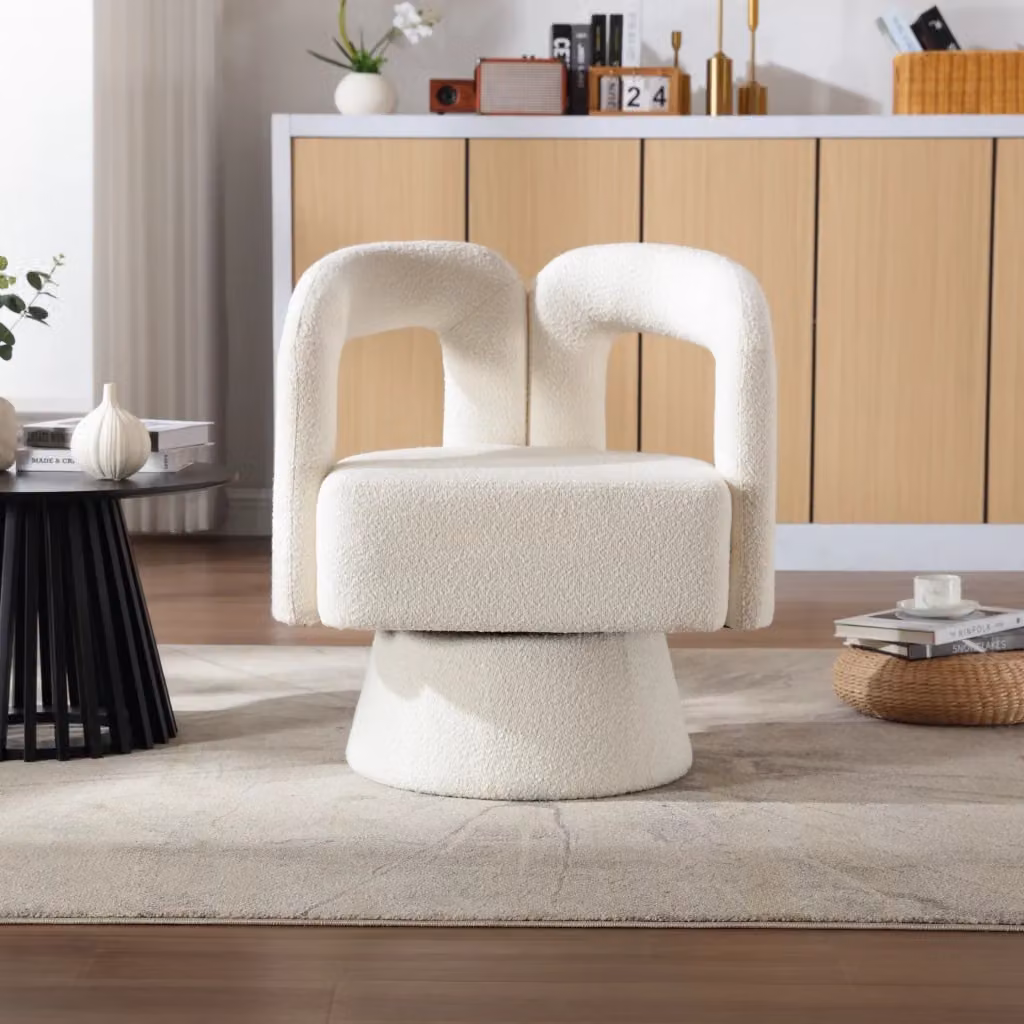 Poltrona Girevole 360 Chicfurn in Bouclé Beige con Braccioli e Seduta Imbottita L: 67 cm, P: 55 cm, H: 74 cm – 2