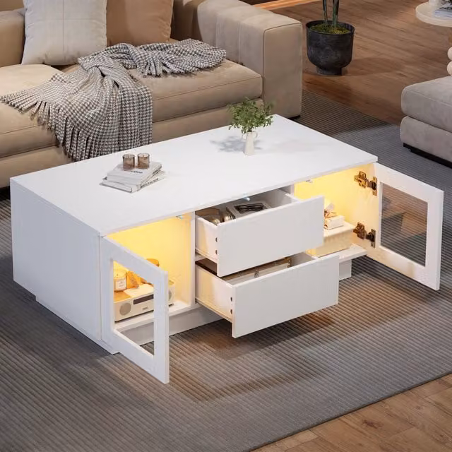 Tavolino da salotto bianco lucido con luci led rgb; tavolino da caffè 100x50x40 cm