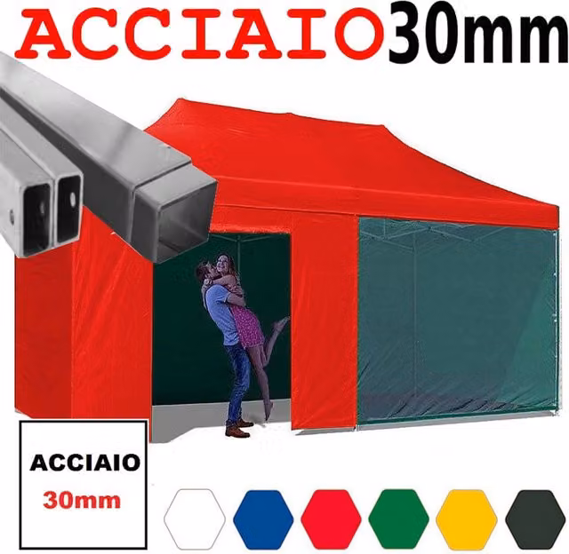 Gazebo 3x6 m rosso pieghevole portatile estendibile richiudibile estensibile acciaio con laterali per fiere eventi stand chiosco tenda tendone mercato mercatino