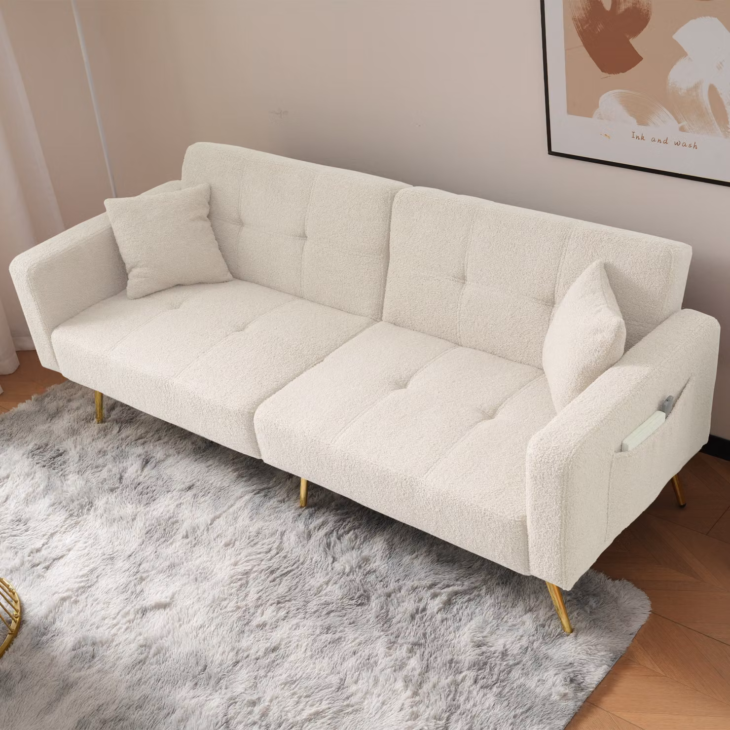 okwish divano letto pieghevole Daybed con funzione di letto, letto per ospiti, divano con ampia superficie di appoggio, divano imbottito con cuscini e tasche laterali portaoggetti, bianco