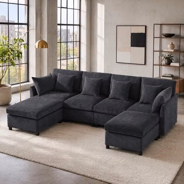 Divano modulare 4-6 posti con 2 pouf e 6 cuscini; 278x161x81 cm; in chenille grigio
