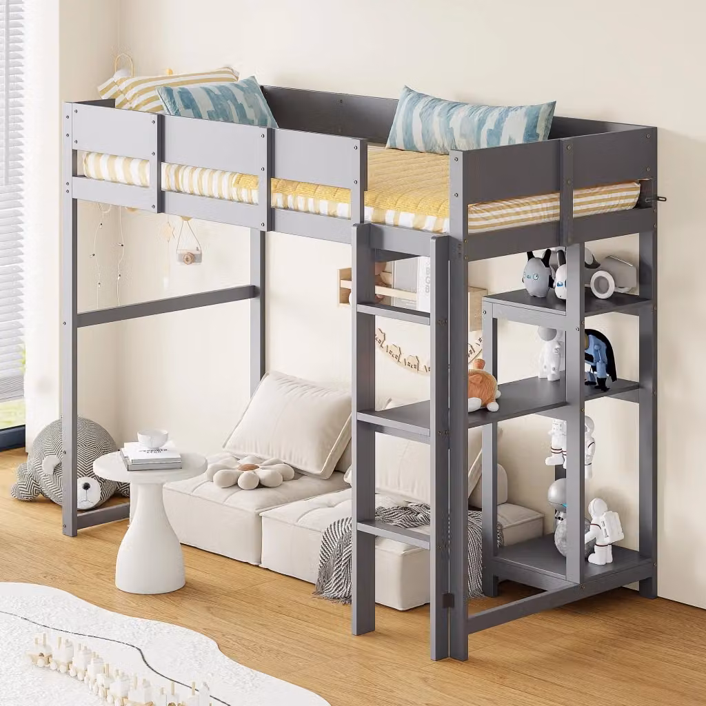 Letto singolo elevato REDOM in legno di pino e MDF con ripiano, colore grigio, L/P/H: 90 x 200 x 160 cm – 2