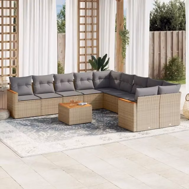 vidaXL Set Divani da Giardino 11 pz a Forma a U in Polyrattan con Cuscini Beige e Tavolino da Esterno
