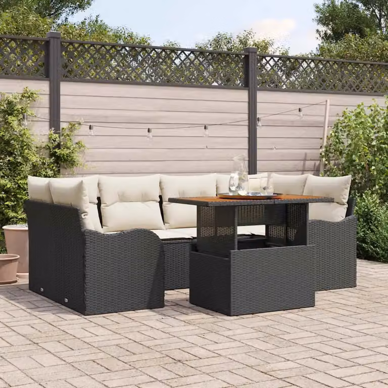 Set Divano da Giardino a L vidaXL 7 Pezzi Nero con Cuscini e Tavolino in Rattan e Metallo