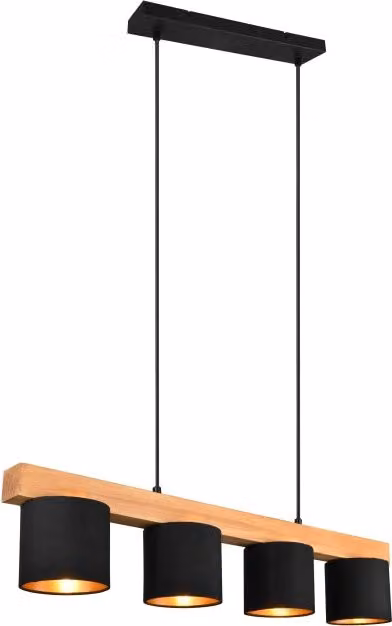 Lampada a sospensione Trio Leuchten in legno, nero e oro con paralumi cilindrici in tessuto, altezza regolabile – 1