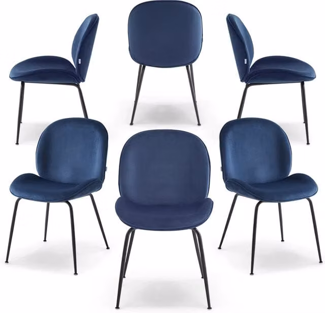 Set 6 sedie imbottite per sala da pranzo VITTORIA, design moderno, gambe coniche robuste in metallo, rivestimento in tessuto idrorepellente morbido al tatto colore Blu Notte