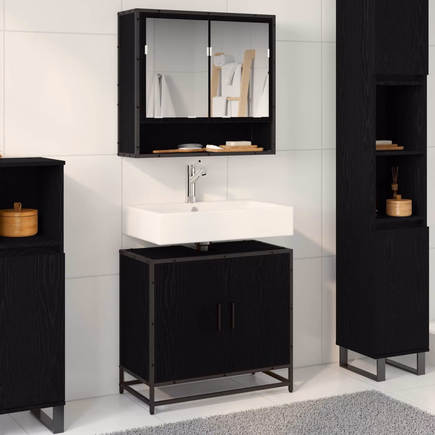 Armadio per lavabo da bagno moderno vidaXL in nero opaco L: 65 cm, P: 33 cm, H: 60 cm