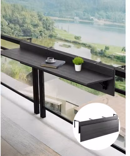 VEVOR Tavolo Sospeso Pieghevole in Metallo Nero per Ringhiera di Balcone, Terrazza e Giardino con Staffa in Acciaio Inox, L/P/H: 150 x 45 x 24 cm