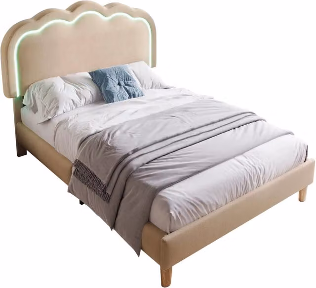 Letto Singolo Chicfurn Imbottito in Tessuto con Illuminazione LED Sotto il Letto Beige L/P: 90 x 200 cm