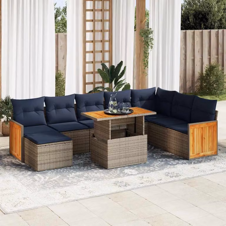 Set di divani da giardino vidaXL 11 pz in polyrattan e legno di acacia con cuscini, forma a L, grigio e blu