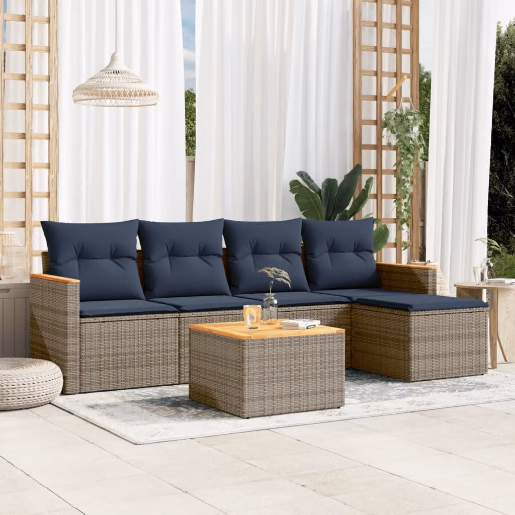 Set da giardino vidaXL in polyrattan da 6 pezzi con cuscini grigi e blu e tavolino, design moderno a L con struttura in acciaio e legno di acacia