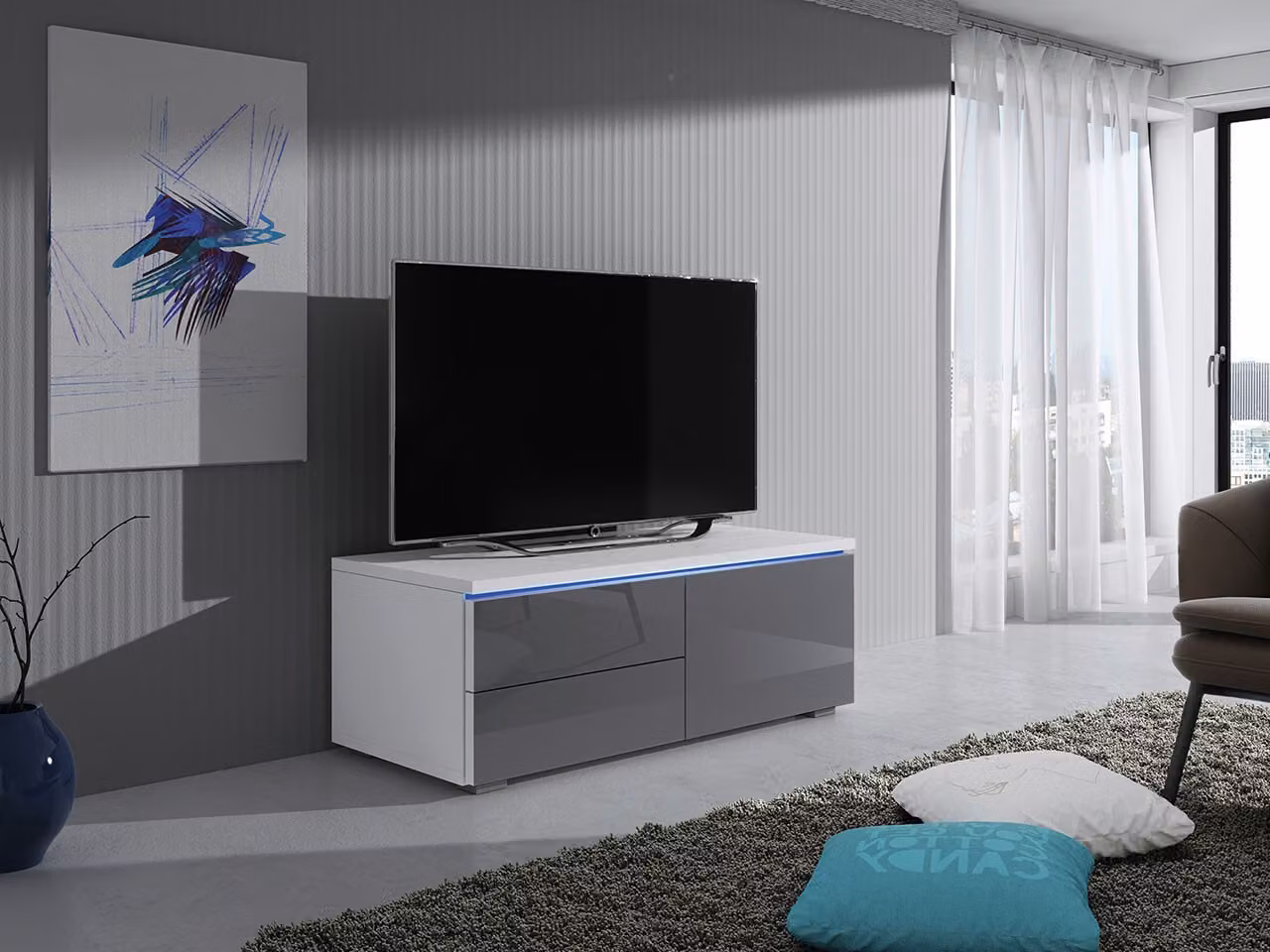 Tavolino per TV con illuminazione a LED FERNS 11 - bianco / grigio lucido, destro