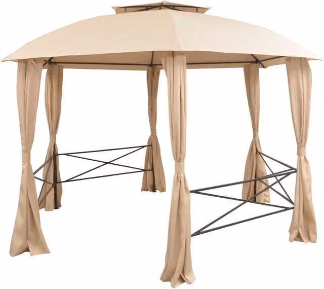 Gazebo Padiglione da Giardino Esagonale vidaXL con Tende Beige in Acciaio e Poliestere L/P: 360 x 265 cm