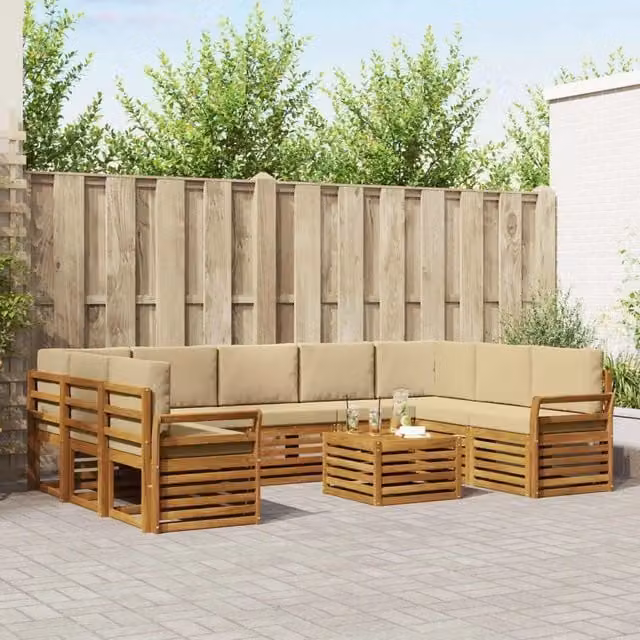 Set di divani da esterno a forma di U vidaXL in legno di acacia con tavolino da caffè e cuscini, colore beige e marrone – 1