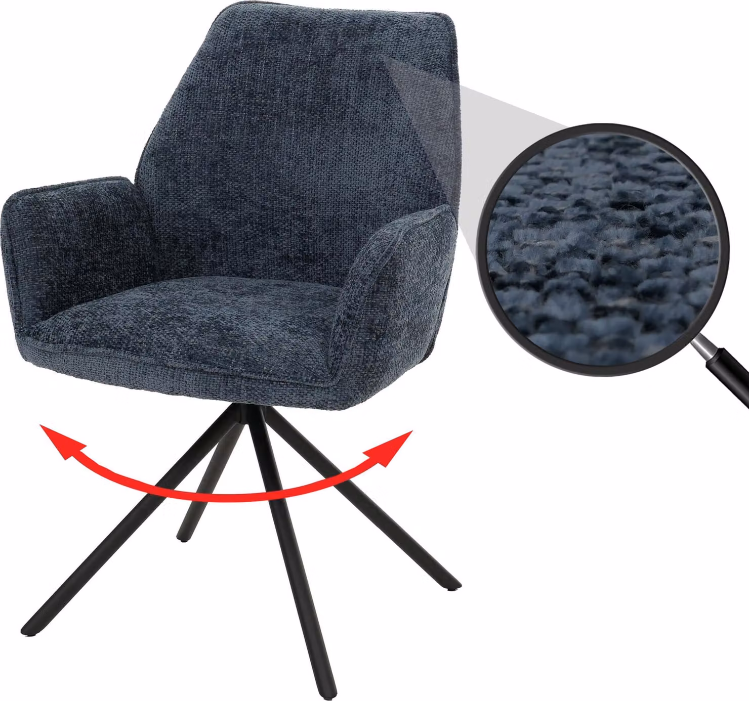 Sedia da pranzo HWC-G67, sedia da cucina con braccioli, girevole, con sistema di blocco automatico della posizione, in tessuto chenille ®, color blu scuro