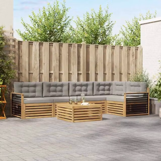Set di divani da esterno a L vidaXL in legno di acacia con tavolo da caffè, colore bianco e grigio, composto da 6 pezzi con cuscini inclusi – 1