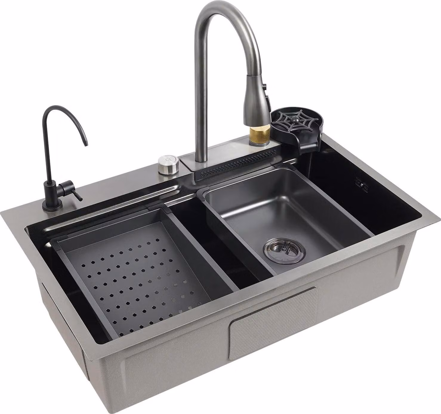 Lavello da cucina in acciaio inox - Doppia vasca - Rubinetto estraibile - Guida scorrevole - Scolapiatti, tagliere e lavabicchieri - 75×45×21 cm - Grigio scuro