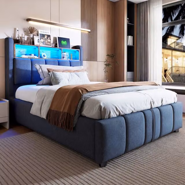 Letto contenitore Mivray imbottito con sollevamento idraulico, illuminazione LED multicolore, porte USB e Type-C, grigio, L/P/H: 90 x 200 cm