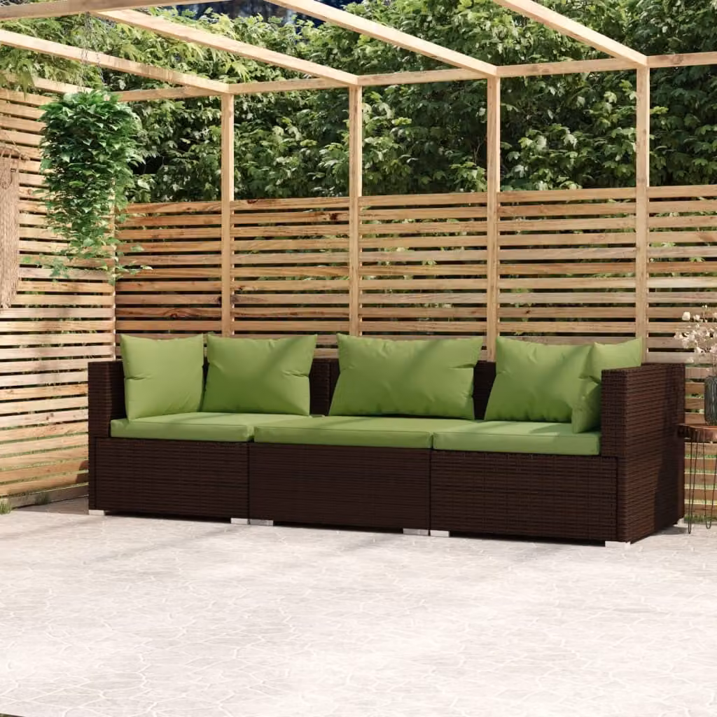 The Living Store Divano a 3 posti con cuscini in poly rattan marrone