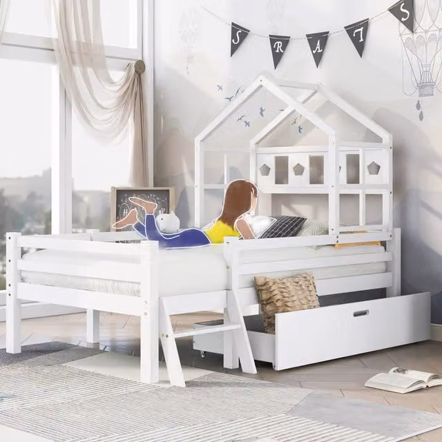Letto a casetta rialzato in pino massello con scala; 1 cassetto; recinzione e doghe; bianco; 90x200 cm; senza materasso