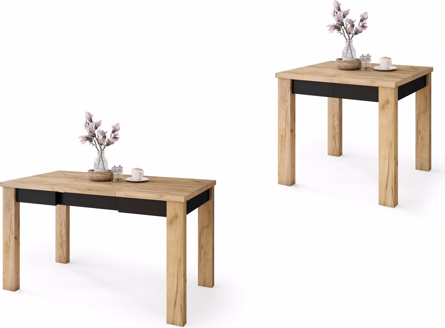 Tavolo All4All Faro, tavolo da soggiorno, con piano aggiuntivo, tavolo da pranzo in legno, tavolo per la sala da pranzo, allungabile fino a 130 cm, dimensioni 80x75 cm, finitura rovere dorato e nero