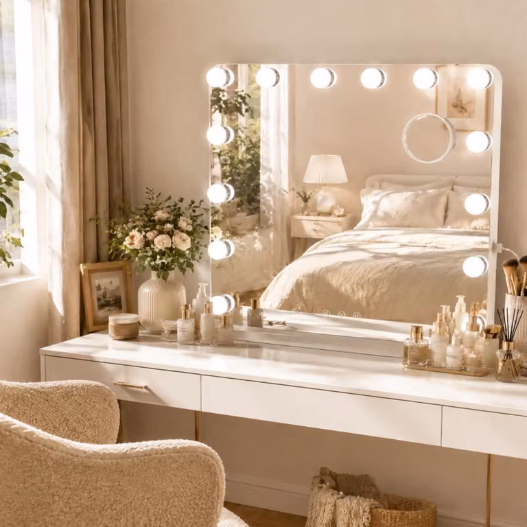 Specchio da trucco Clevich con illuminazione, 58x46 cm. Specchio "Hollywood" con luce