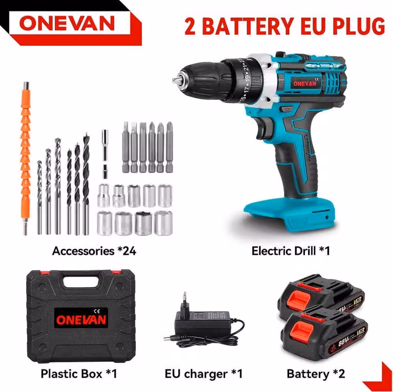 Trapano a batteria - Set trapano a percussione - 18 V, 500 W - Coppia 38 Nm - 2 batterie con caricabatterie UE - Motore a spazzole - Blu