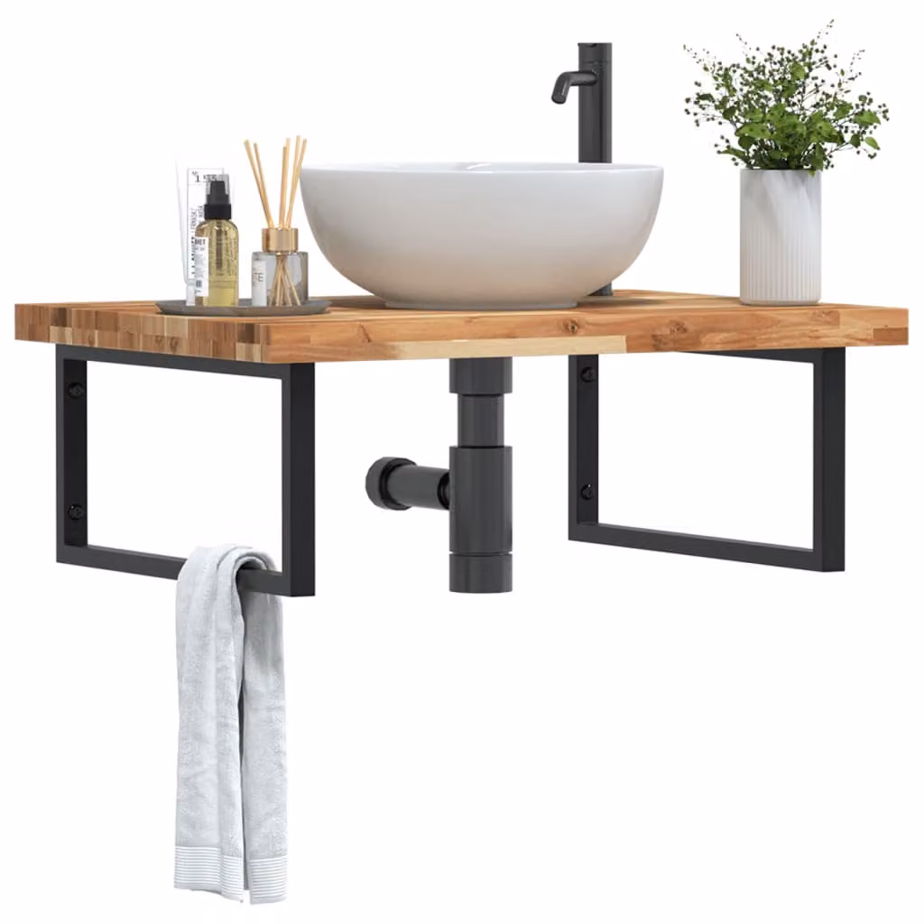 vidaXL Ripiano a Parete per Lavabo in Legno di Acacia e Metallo, Nero e Marrone