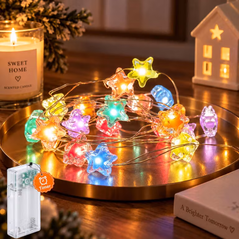 Catena luminosa con stelline, 2 metri, 20 LED, con timer, alimentata a batteria