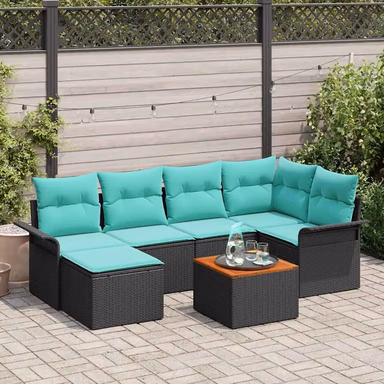 Set Divano da Giardino vidaXL 7 pz a Forma a L con Tavolino e Ottoman, Colore Nero e Turchese, Struttura in Metallo e Polyrattan