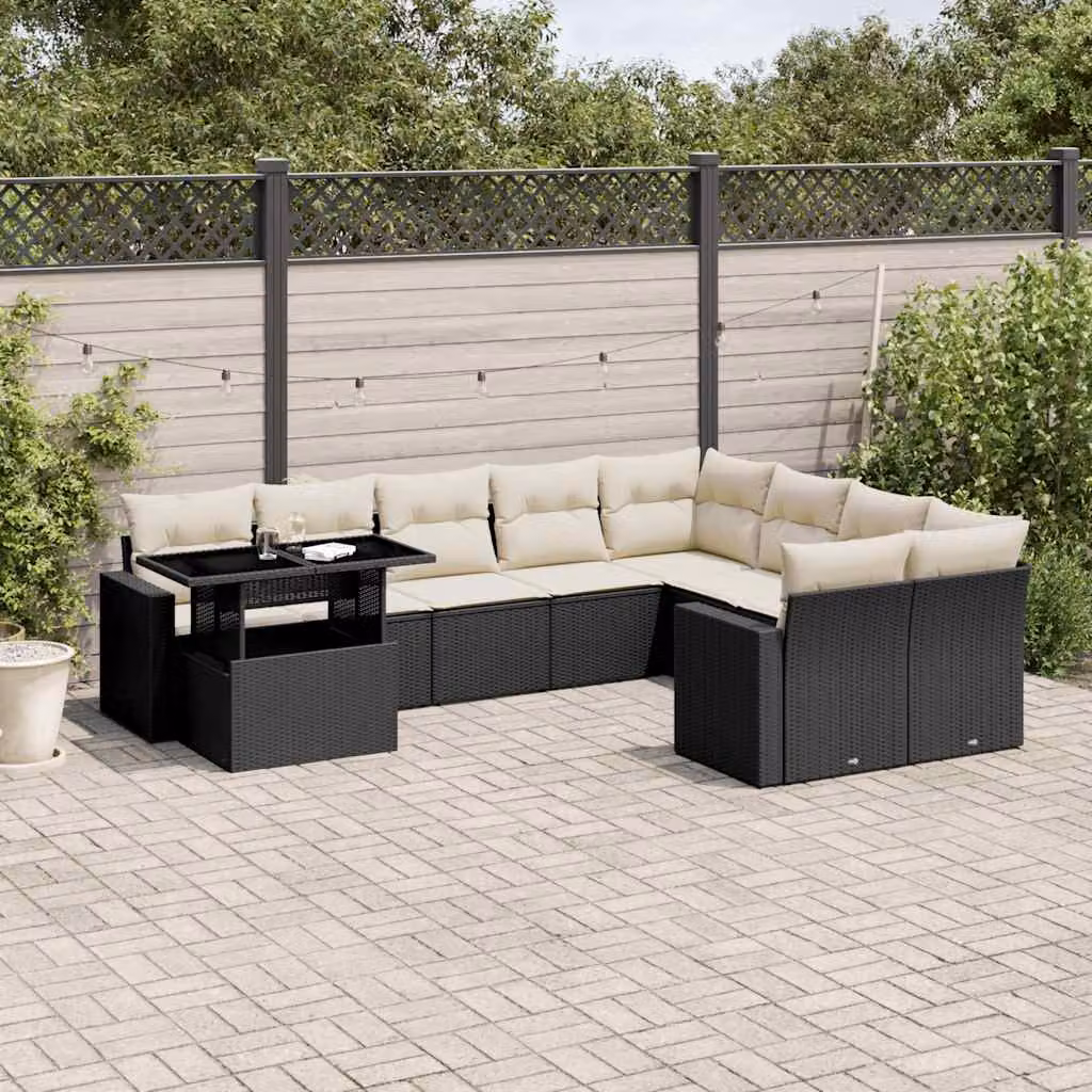 Set di Divani da Giardino vidaXL a Forma di L con Cuscini e Tavolino, Polyrattan e Metallo, Nero e Bianco – 1