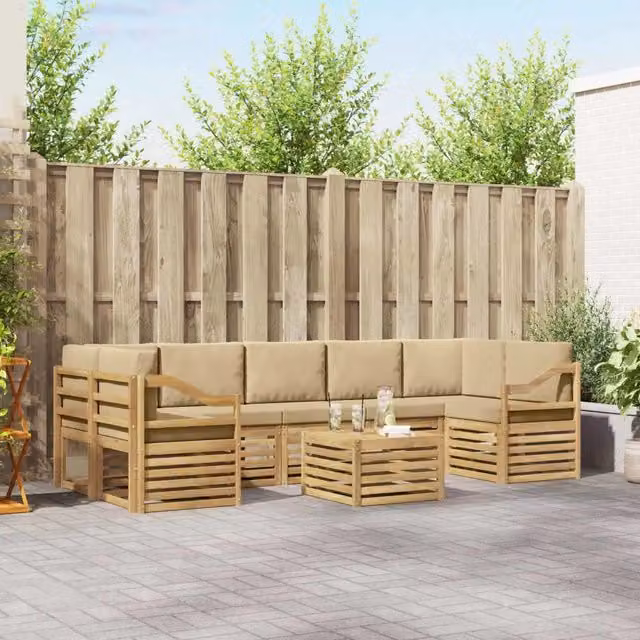 Set di divani da esterno a L vidaXL in legno di acacia con tavolo da caffè, colore bianco e beige, composto da 8 pezzi con cuscini inclusi