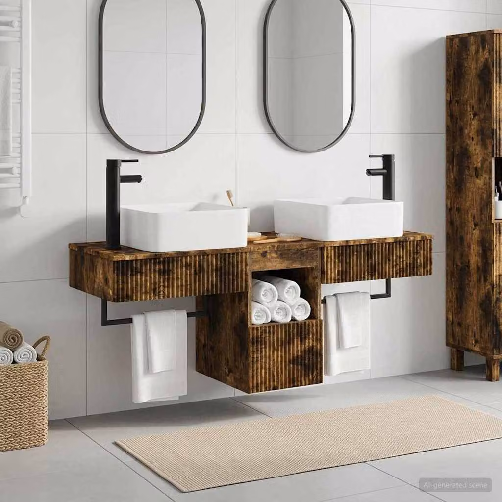 Set di mobili per il bagno moderno vidaXL in legno color rovere marrone, 3 pezzi con vanità sospesa