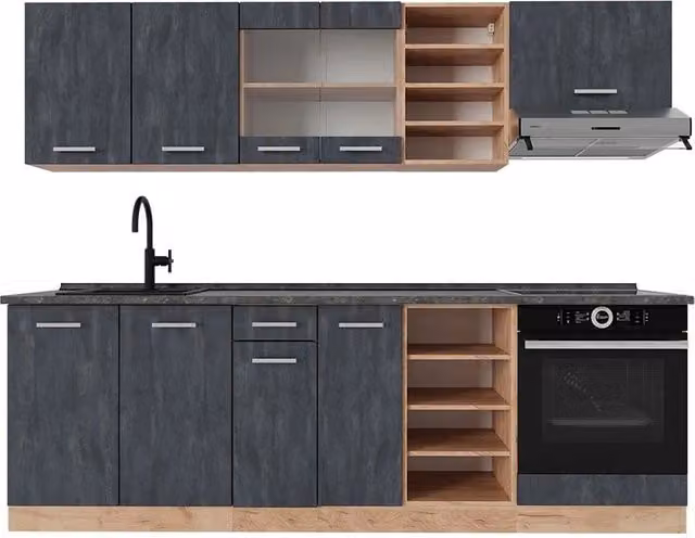 Cucina componibile moderna Vicco R-Line in Calce nera e Rovere dorato con piano Antracite, L: 240 cm