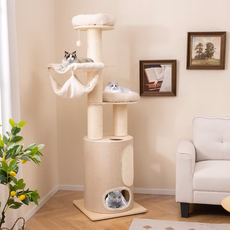 Albero per gatti in legno Costway Naturale con 6 livelli, nido a 2 piani, 2 amache e 2 posatoi, Altezza: 187 cm, Colore: Marrone e Beige