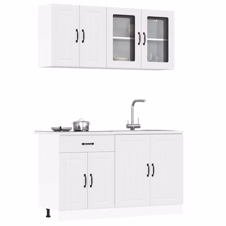 Set di mobili da cucina vidaXL Lucca composto da 4 pezzi in legno multistrato e vetro, colore bianco opaco, stile moderno