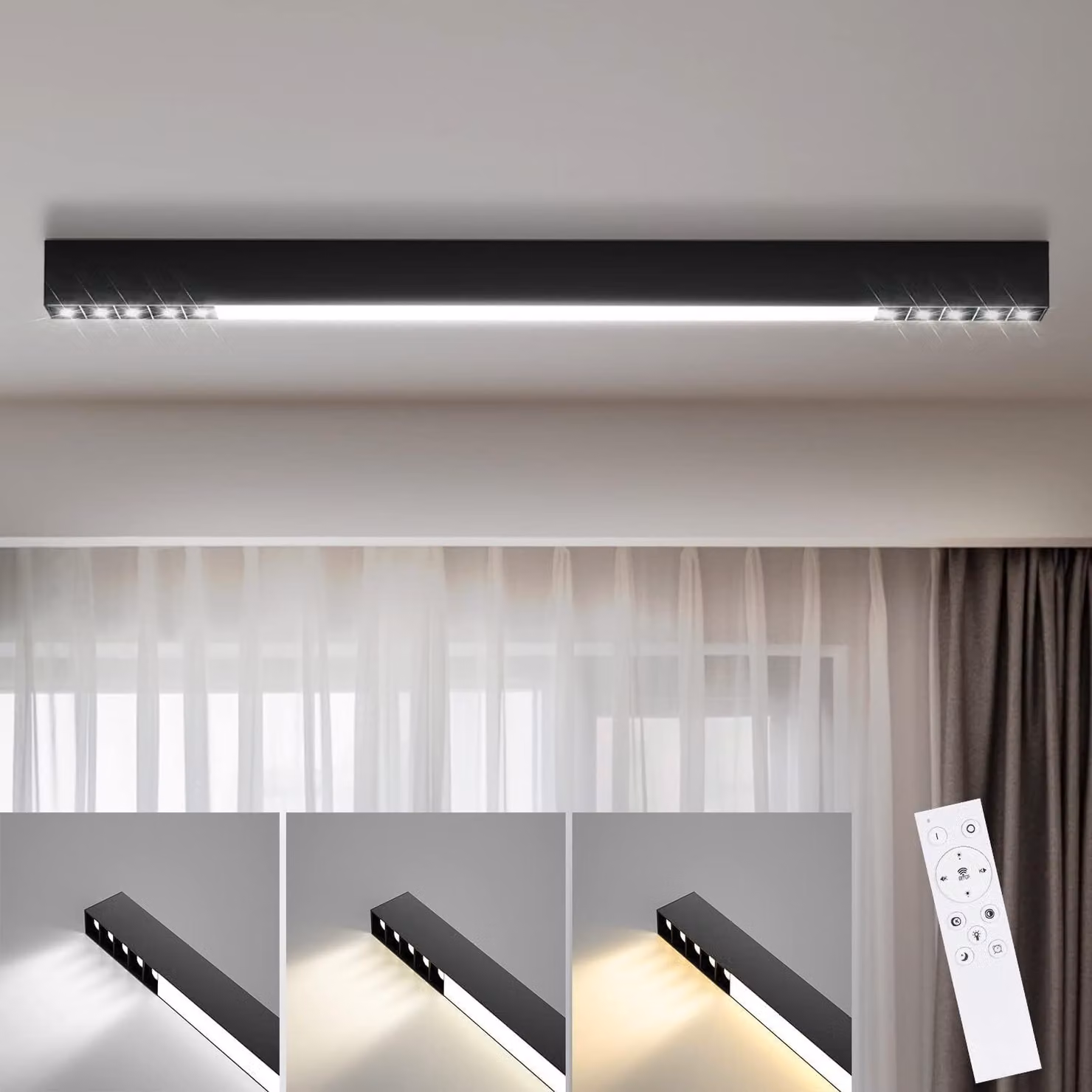 ZMH Lampada da soffitto LED Plafoniera Nera 32W 107CM Lunga Moderna Dimmerabile con Telecomando Illuminazione da soffitto per Soggiorno Cucina Ufficio Camera da Letto