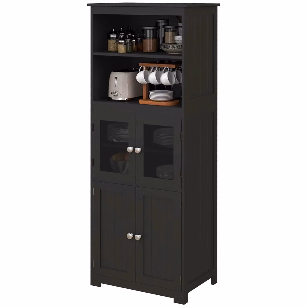 Mobile cucina buffet e credenza multiuso Xylo con ante in vetro e cassetti, nero, L: 60 cm, P: 30 cm, H: 162 cm – 2