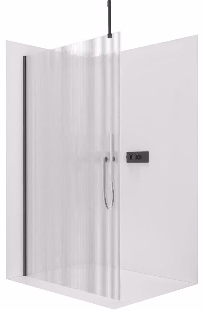 CERANO - Box doccia Walk-in Onyx Top Cube L/P - 8 mm - montante squadrato - nero opaco, vetro rigato - 110x200 cm