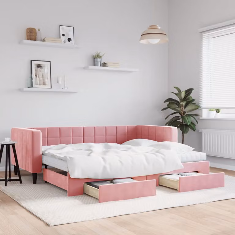 vidaXL Divano Letto Estraibile in Velluto Rosa con Cassetti L/P/H: 223 x 90 x 100 cm