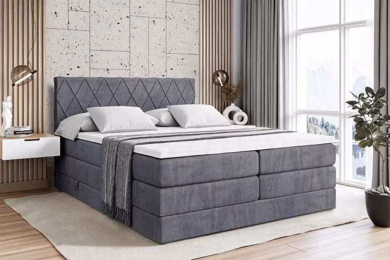 Letto boxspring ALTDECOR con 2 materassi e topper - 160x200 cm - LEPARO KING - Velluto grigio scuro - Letto imbottito con materassi H3 e H4, contenitore e rete a doghe, letto con spazio contenitivo
