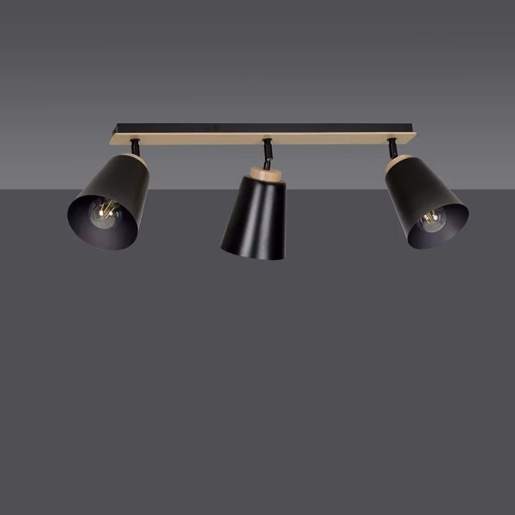 Plafoniera con 3 Faretti Spot Orientabili Luceart-Classic in Acciaio Nero e Legno Naturale – 2