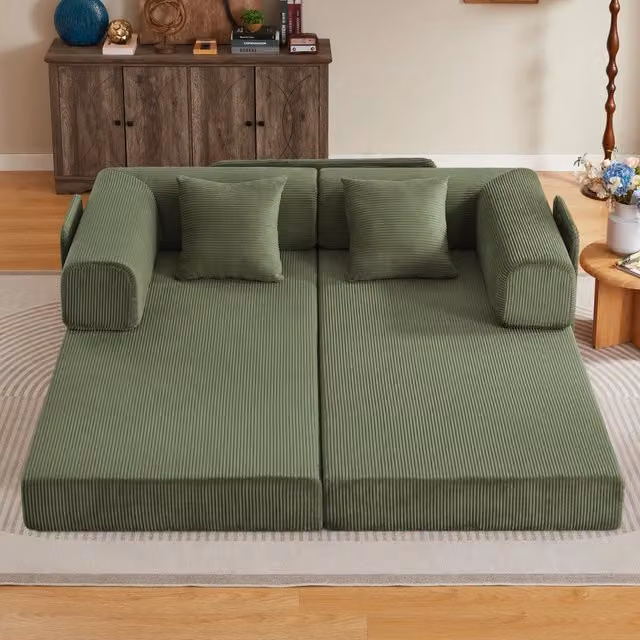 Divano letto pieghevole a 2 posti in velluto a coste verde con struttura in metallo e seduta alta 35 cm per soggiorno o camera da letto