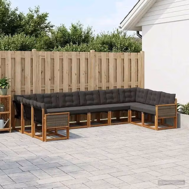 Set di divani da esterno vidaXL a forma di L composto da 10 pezzi in legno di acacia e textilene, colore marrone e nero, con cuscini inclusi – 1