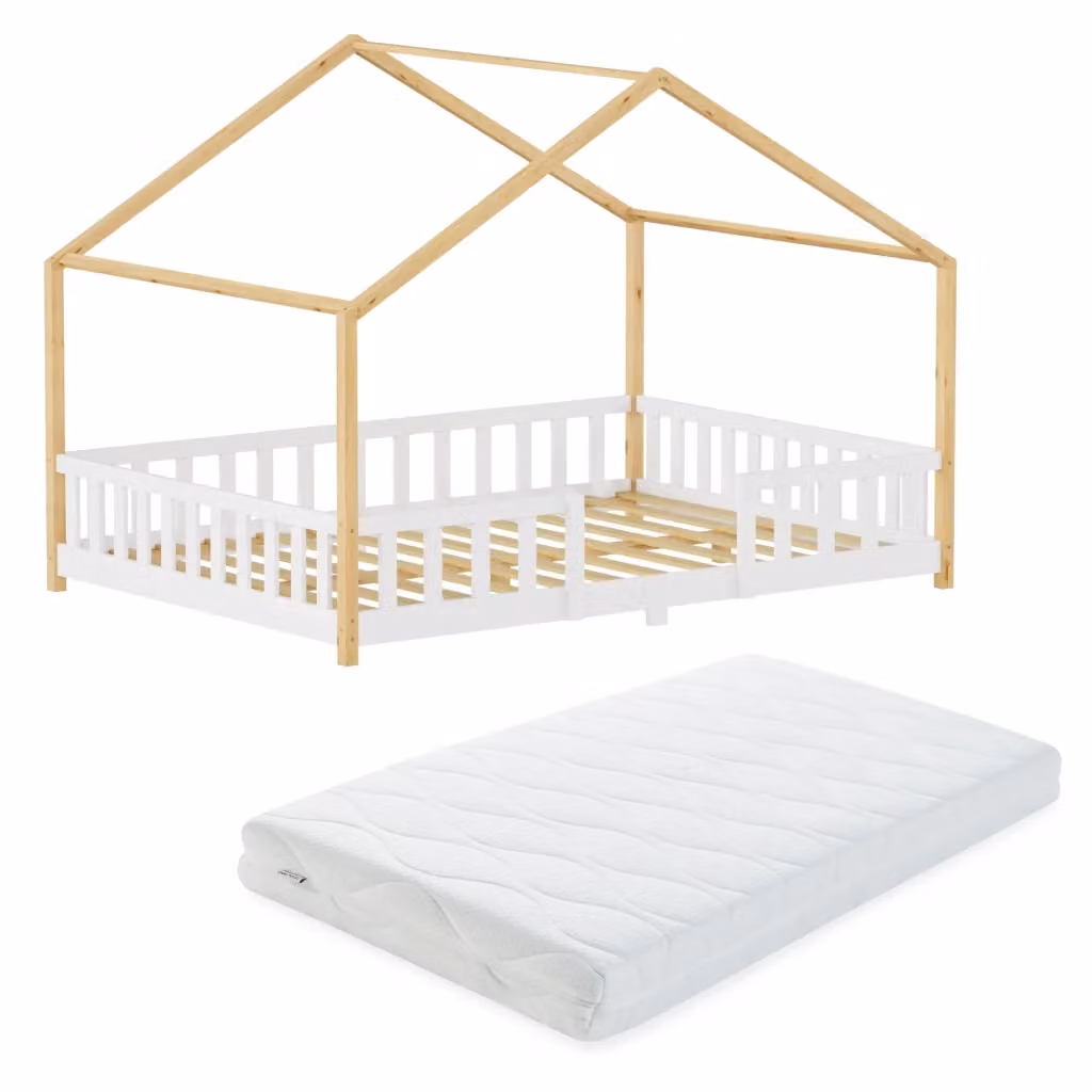 Letto per cameretta Treviolo a forma di casetta in stile Montessori con materasso en.casa, Bianco e Beige, L/P/H: 200 x 140 x 146 cm – 2