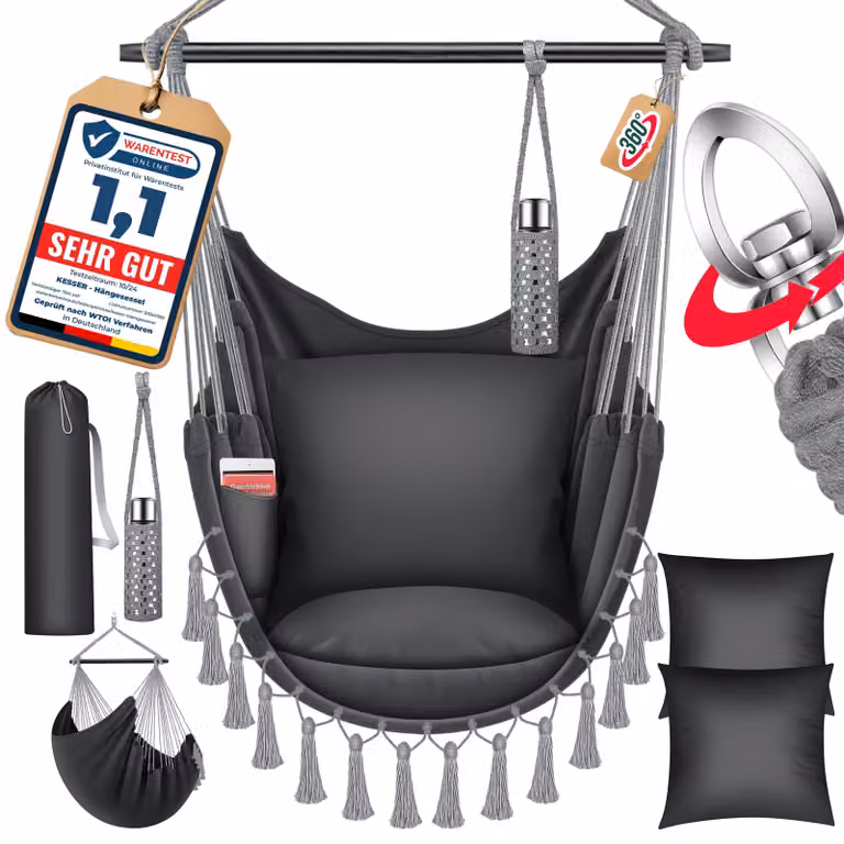 Sedia a dondolo sospesa KESSER® Safari XXL, fino a 150 kg, per adulti e bambini, da interno ed esterno, inclusi 2 cuscini