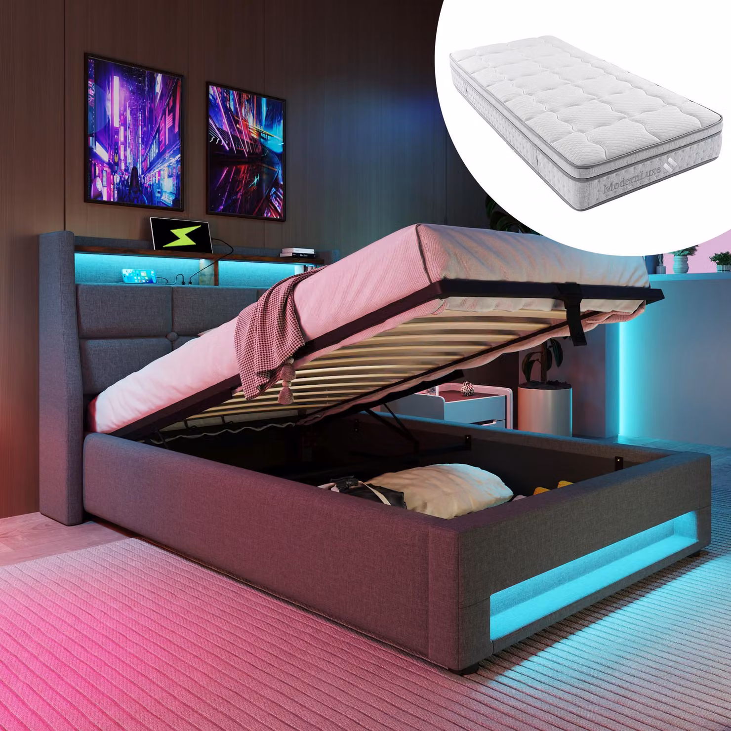 Letto imbottito 90x200 cm completo di materasso, illuminazione LED, 2 porte USB, contenitore con sistema di sollevamento a gas, rete a doghe e ripiano, colore grigio