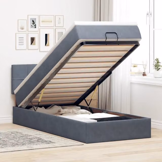 Letto con contenitore a sollevamento vidaXL in velluto grigio e bianco con materasso, L: 190 cm, P: 90 cm, H: 88 cm