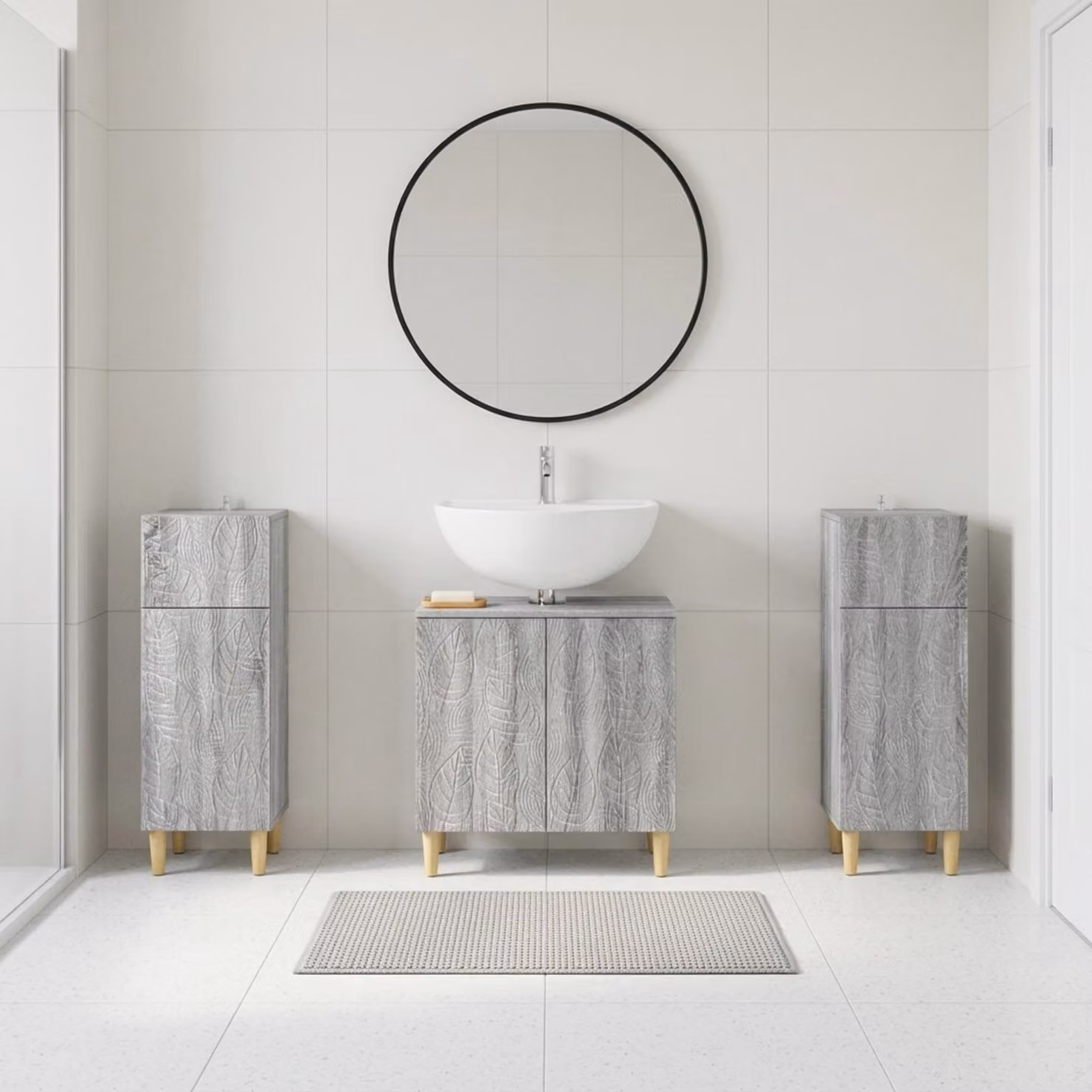 Set di armadietti da bagno vidaXL DELFT in 3 pezzi, colore grigio Sonoma, design minimalista con ante a cerniera