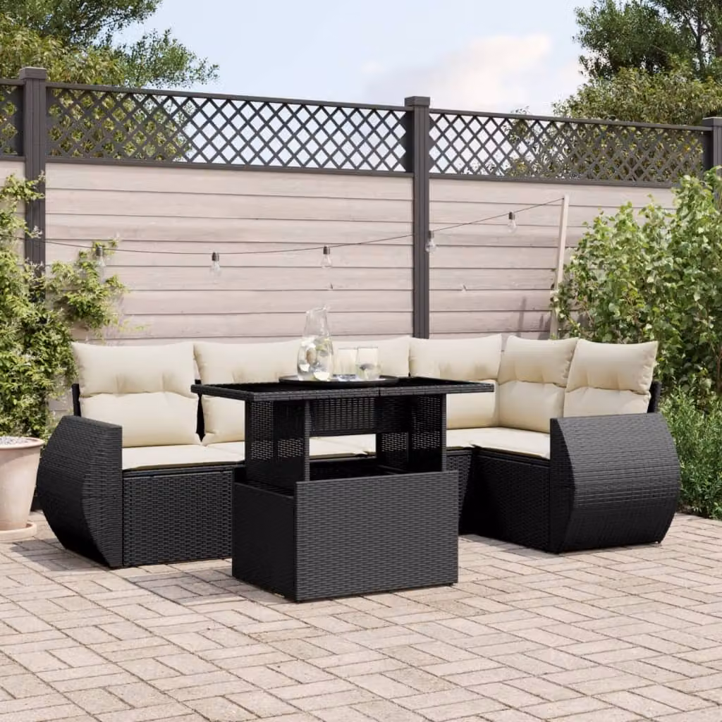 Set Divano da Giardino vidaXL 6 pz in Polyrattan Nero con Cuscini e Tavolino da Esterno a Forma di L – 1